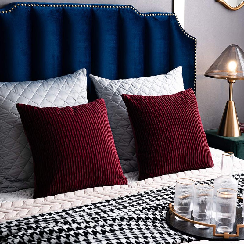 DEZENE Burgundy 16 x 16 Inch Throw Pillow Covers: 2 Pack Inch Original Striped Velvet Square Decorative Pillow Cases for Farmhouse Couch - Image 5